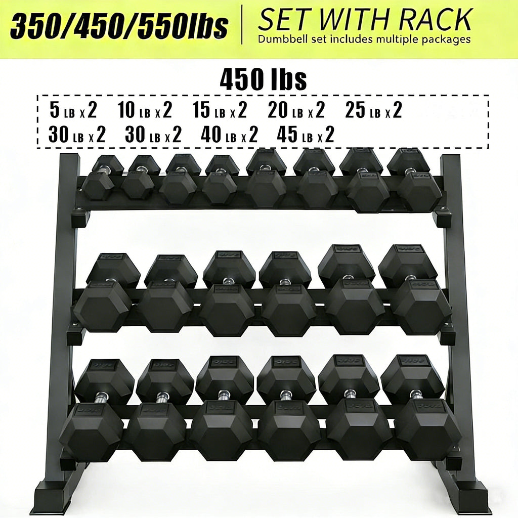 9 Pair Iron and Rubber-Coated Dumbbell Set (450 lbs), 5-45 lbs Hand-Held Free Weights for Strength Training, Hexagonal Rubber Weights with Vertical Storage Rack, Fitness Home Gym Equipment