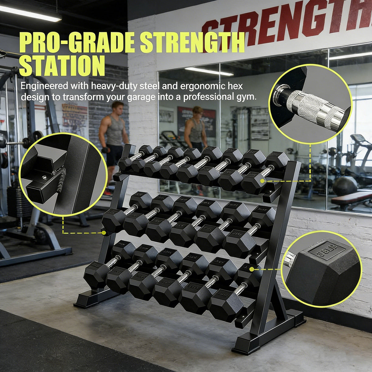 9 Pair Iron and Rubber-Coated Dumbbell Set (450 lbs), 5-45 lbs Hand-Held Free Weights for Strength Training, Hexagonal Rubber Weights with Vertical Storage Rack, Fitness Home Gym Equipment